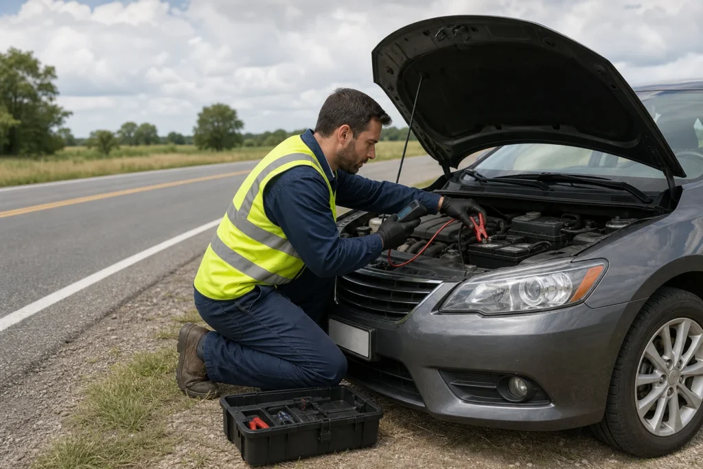 Vairuotojas prie užrakinto automobilio laiko automobilio raktą ir tikrina duris.