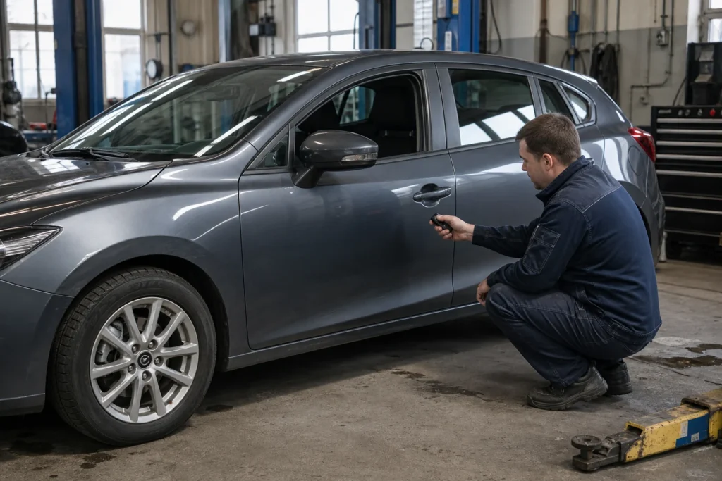Vairuotojas su automobilio raktu stovi prie užrakinto automobilio durų.