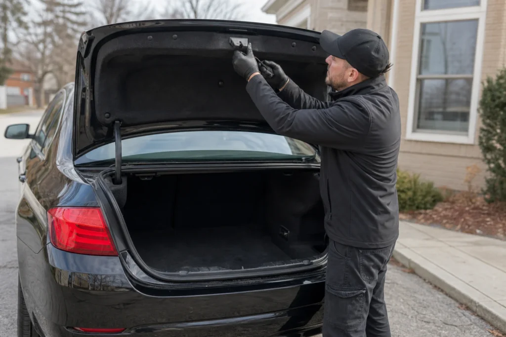 Vairuotojas šalia uždaryto automobilio bagažinės tikrina raktą