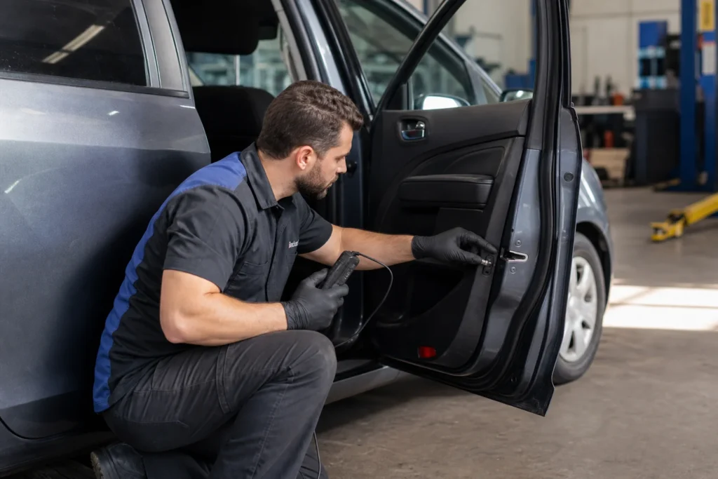 Žmogus prie automobilio apžiūri durų spyną ir laiko automobilio raktelį.