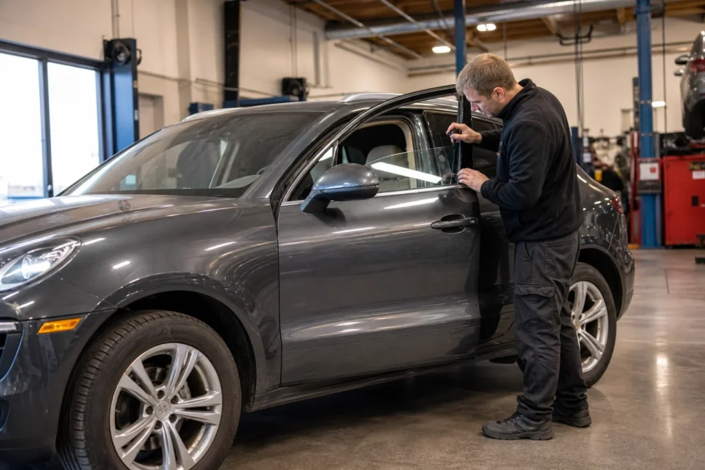 Vairuotojas prie užrakinto automobilio laiko nuotolinio valdymo raktą.
