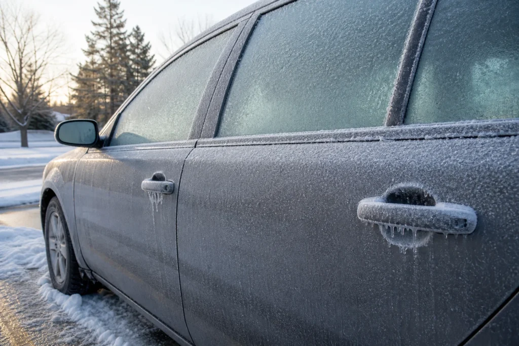 Žmogus prie automobilio laiko raktą ir bando atidaryti uždarytas vairuotojo dureles.