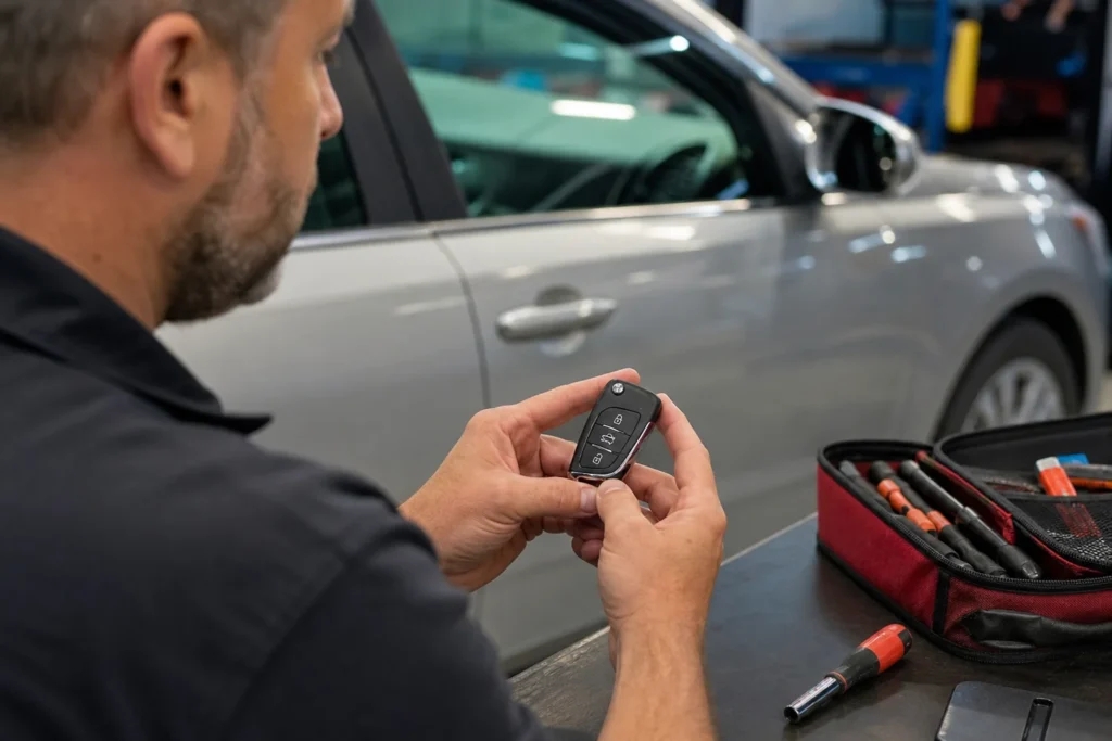 Vairuotojas prie uždaryto automobilio apžiūri automobilio raktą.