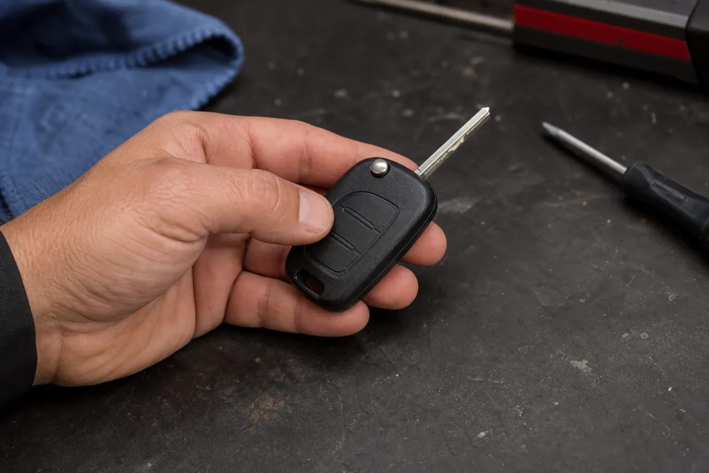 Automobilio savininkas laiko automobilio rakto pultelį šalia automobilio