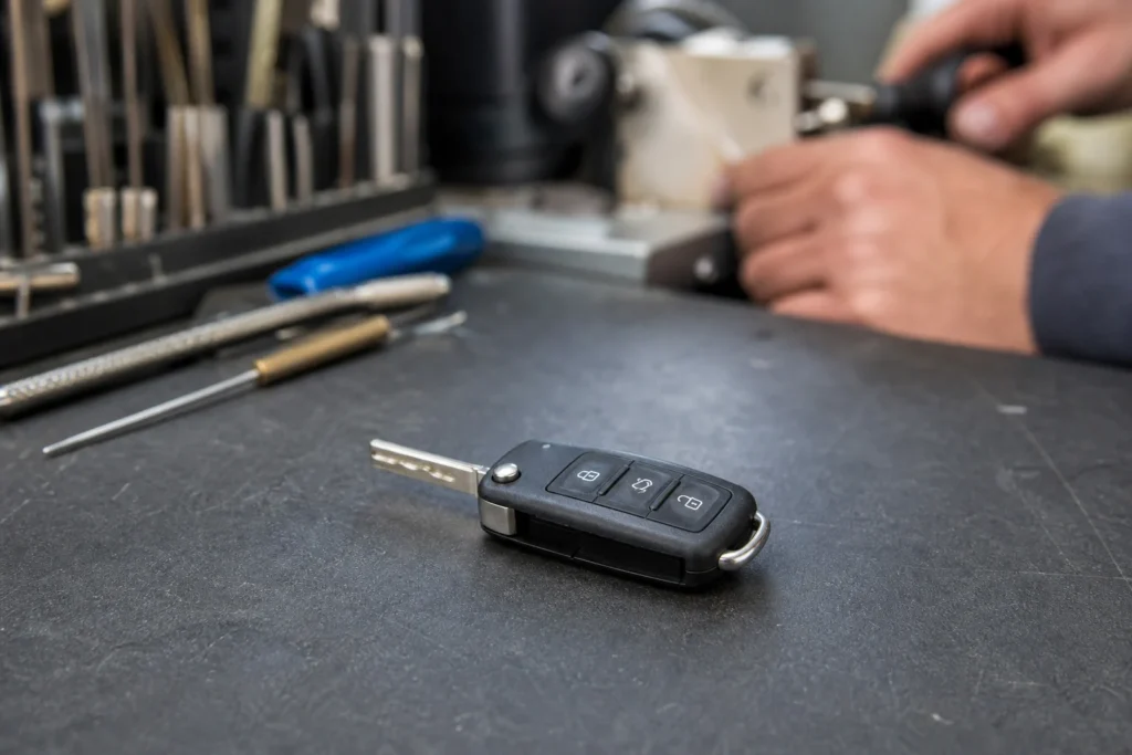 Nusidėvėjęs automobilio rakto pultelis su pažeistu korpusu šalia automobilio rakto