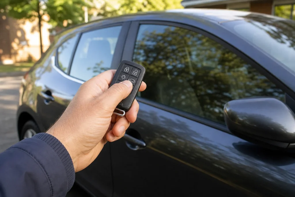 Automobilio savininkas tikrina susidėvėjusį automobilio raktą prie automobilio durų