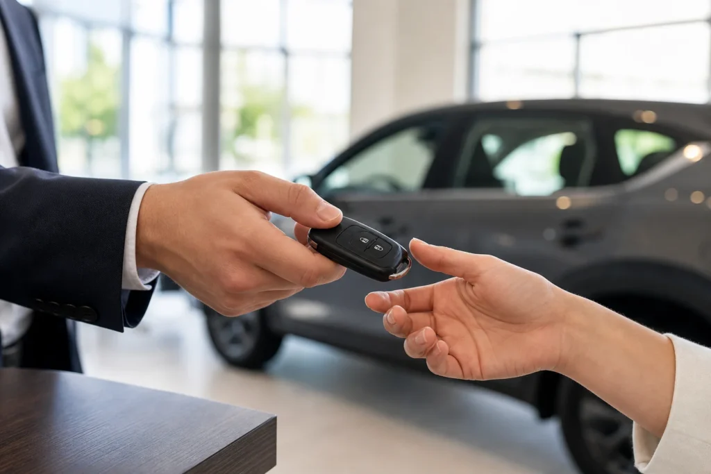 Vairuotojas laiko automobilio raktą šalia automobilio durų