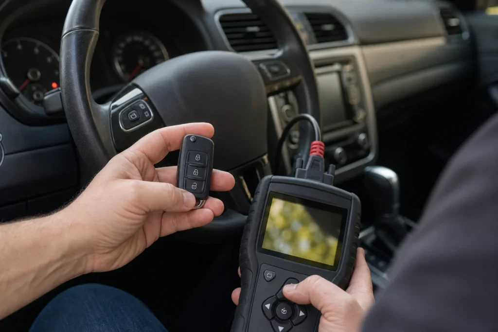 Automobilių raktų specialistas tikrina automobilio raktą šalia automobilio