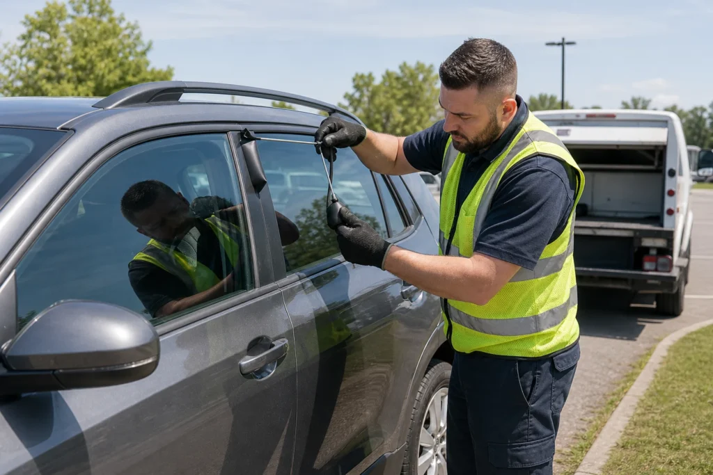 Automobilių spynų specialistas padeda vairuotojui prie užrakinto automobilio
