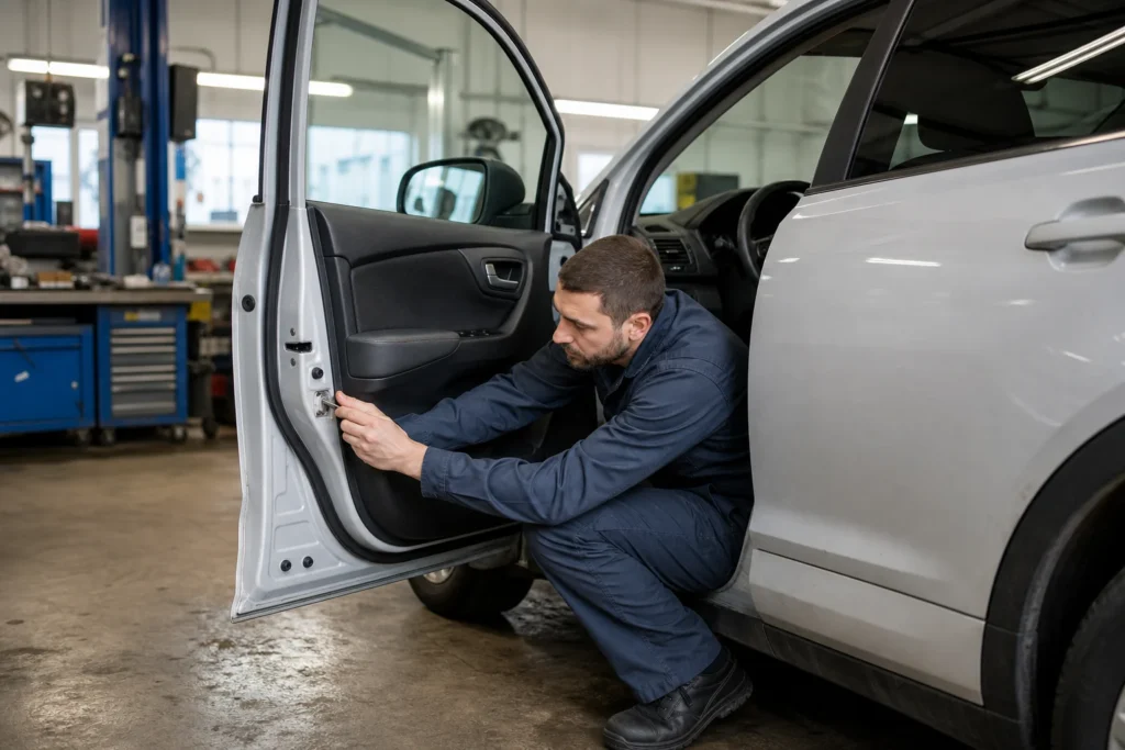 Automobilio savininkas apžiūri sugedusią išorinę durų rankeną