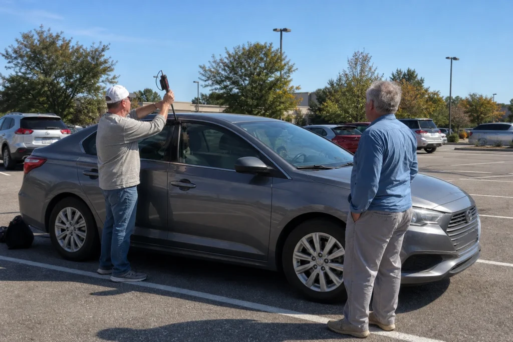 Asmuo šalia užrakinto automobilio laiko automobilio raktelį