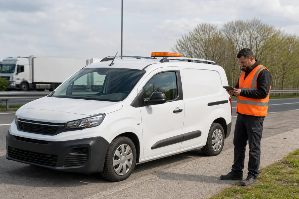 Darbuotojas prie užrakinto įmonės automobilio tikrina automobilio raktą ir telefonu kreipiasi pagalbos.