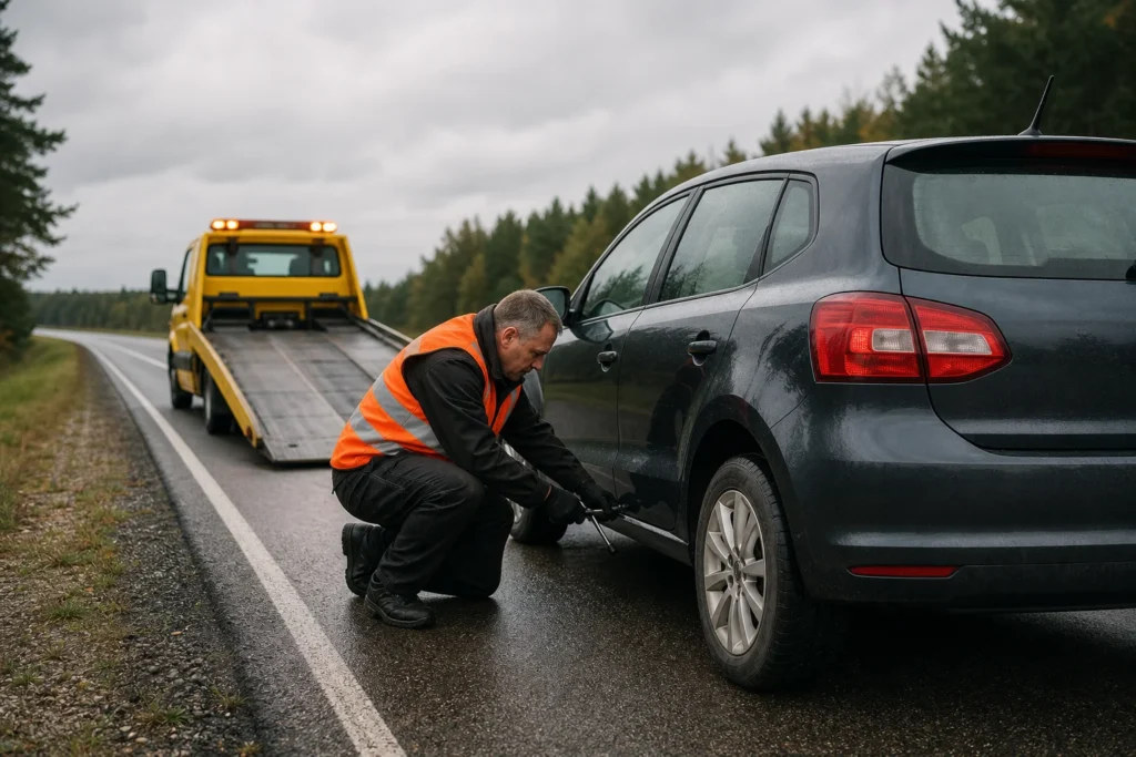 Pro uždarytą automobilio langą matomas salone paliktas raktas, šalia stovi vairuotojas su telefonu.