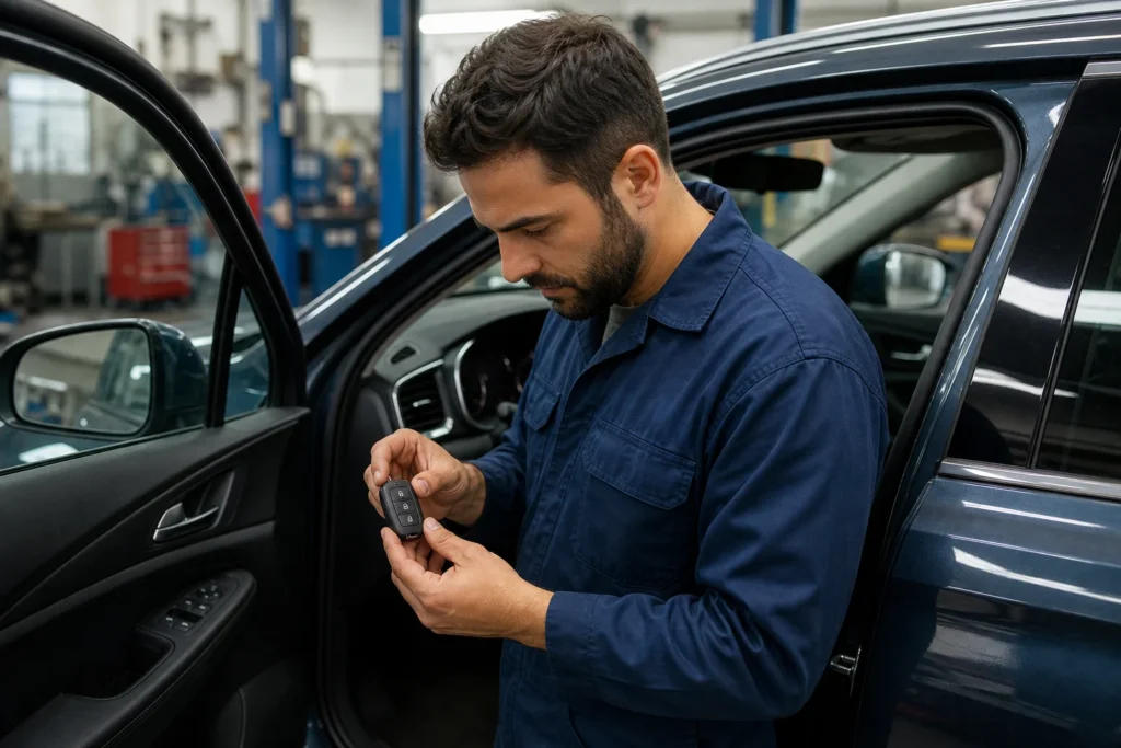 Rankoje laikomas automobilio raktas šalia automobilio