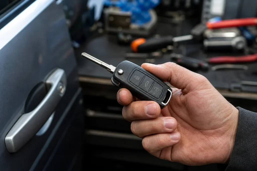 Žmogus apžiūri automobilio raktelio pultelį šalia stovinčio visureigio.