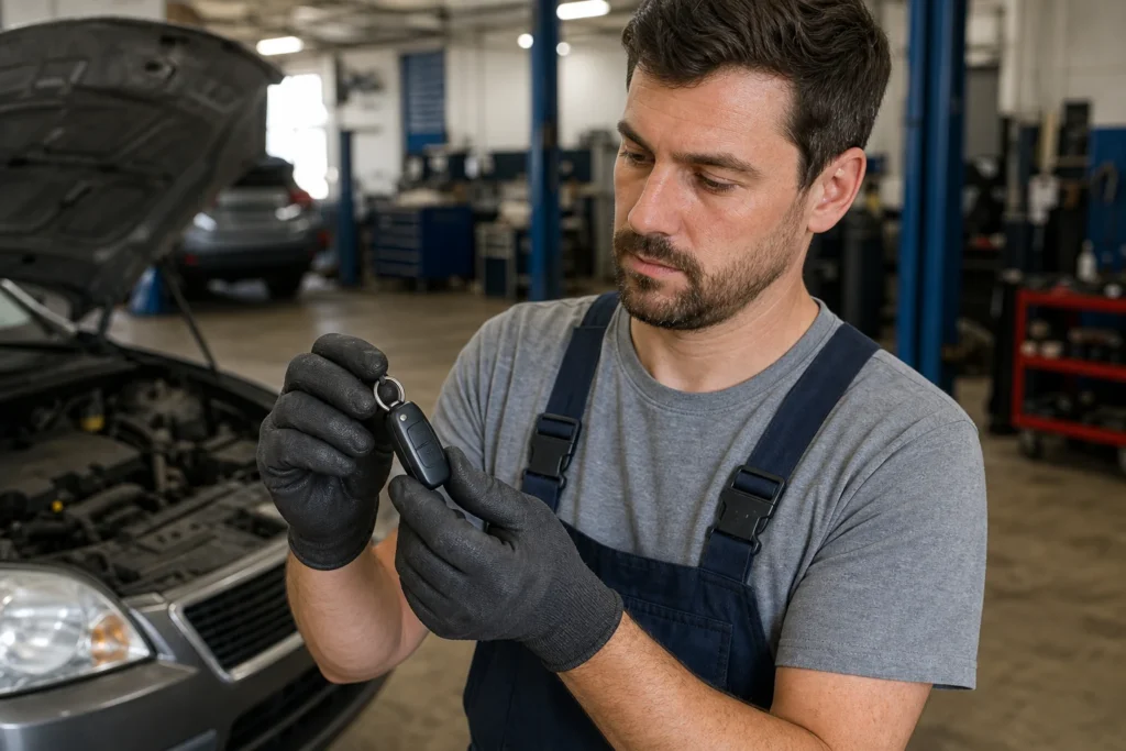 Automobilio savininkas laiko veikiantį automobilio raktą šalia automobilio