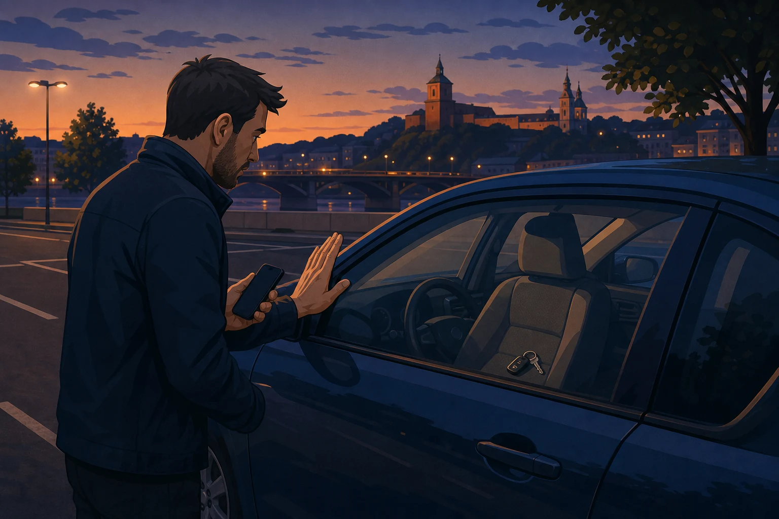 Vairuotojas prie užrakinto automobilio mato salone paliktus raktus ir nesiryžta laužti durų