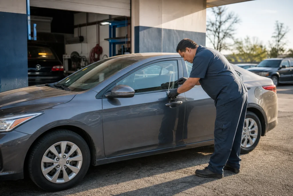 Vairuotojas prie užrakinto automobilio laiko automobilio raktelio pultelį.