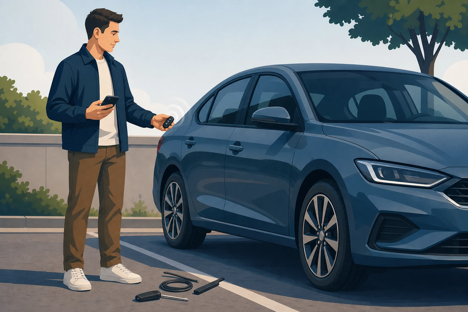 Prie užrakinto automobilio žmogus renkasi teisėtą raktą ir pagalbą, o savadarbiai įrankiai lieka nenaudojami.