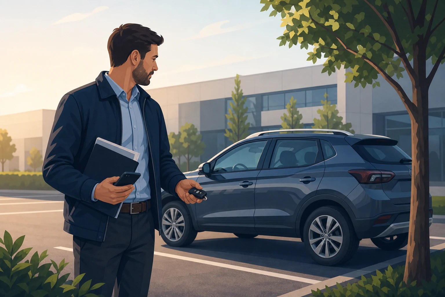 Darbuotojas saugiai ruošiasi kreiptis dėl užrakinto įmonės automobilio atidarymo