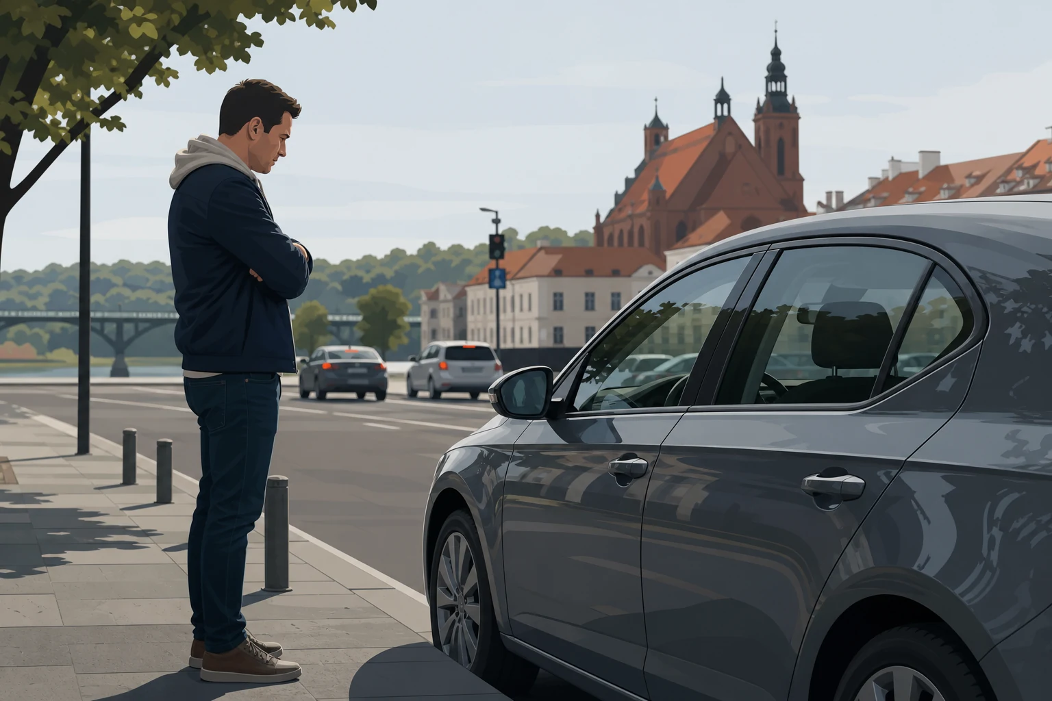 Vairuotojas saugiai įvertina užrakinto automobilio situaciją prieš kreipdamasis pagalbos