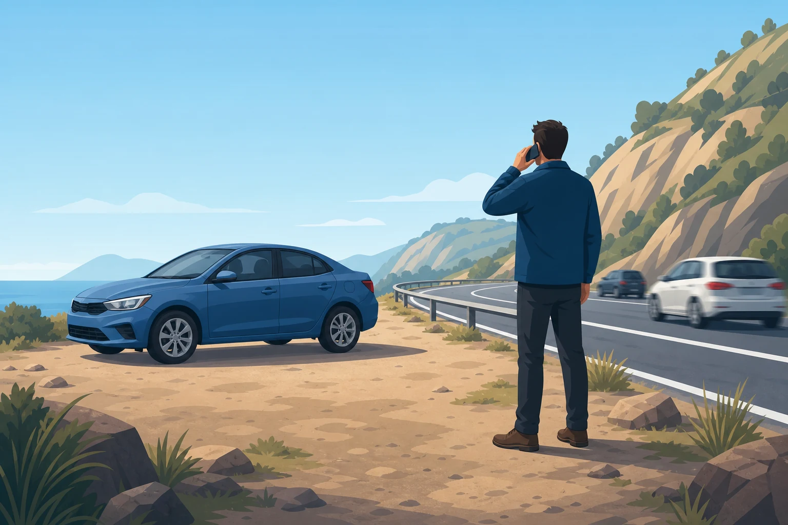 Žmogus saugiu atstumu nuo užrakinto automobilio telefonu kviečia pagalbą