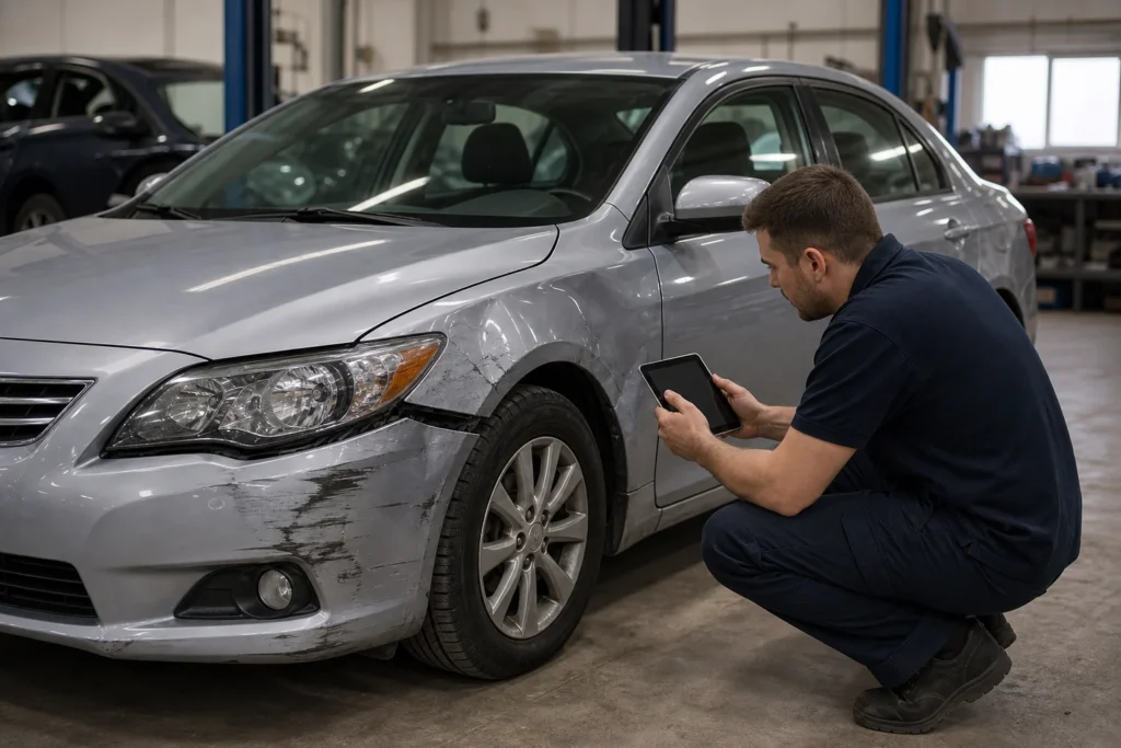 Specialistas apžiūri automobilio SRS sistemą po eismo įvykio