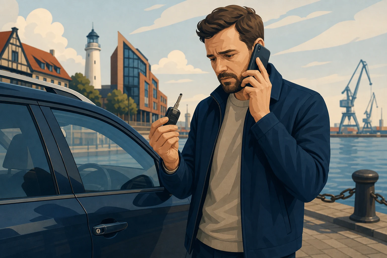 Automobilio savininkas prie užrakinto automobilio kreipiasi profesionalios pagalbos dėl pamesto ar neveikiančio rakto.