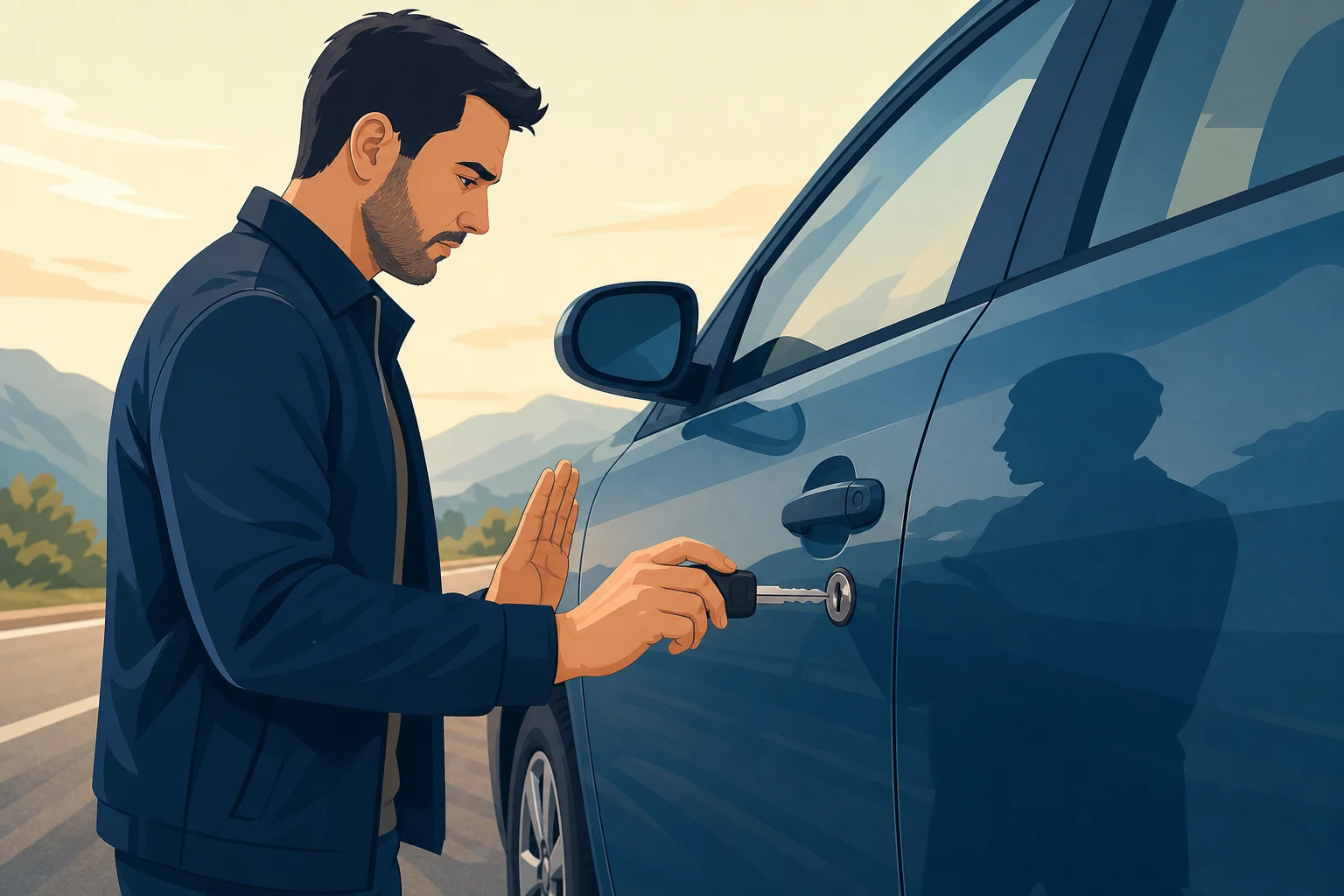Vairuotojas atsargiai sustoja prie užstrigusios automobilio spynelės ir nebesuka rakto jėga.