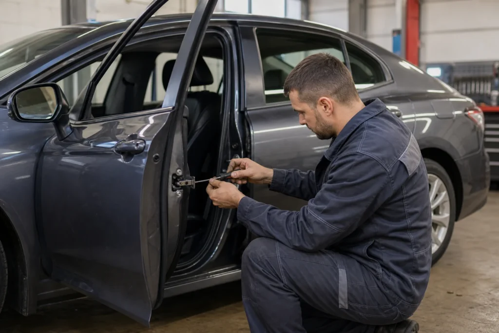 Žmogus prie užrakinto automobilio tikrina raktelio pultelį ir uždaras vairuotojo duris.