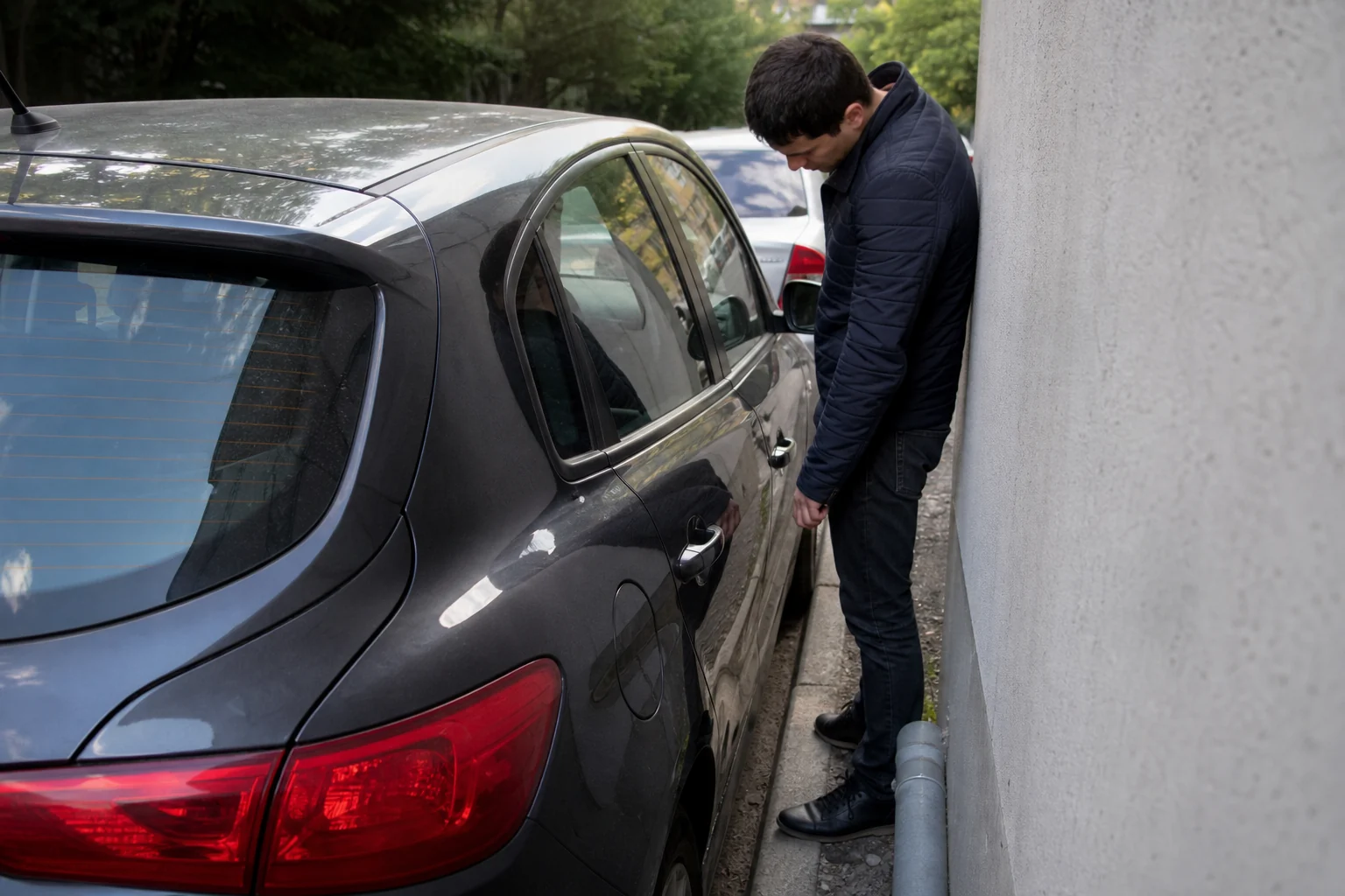 Ankštoje vietoje pastatytas automobilis, aplink kurį vertinamos saugaus priėjimo kliūtys.