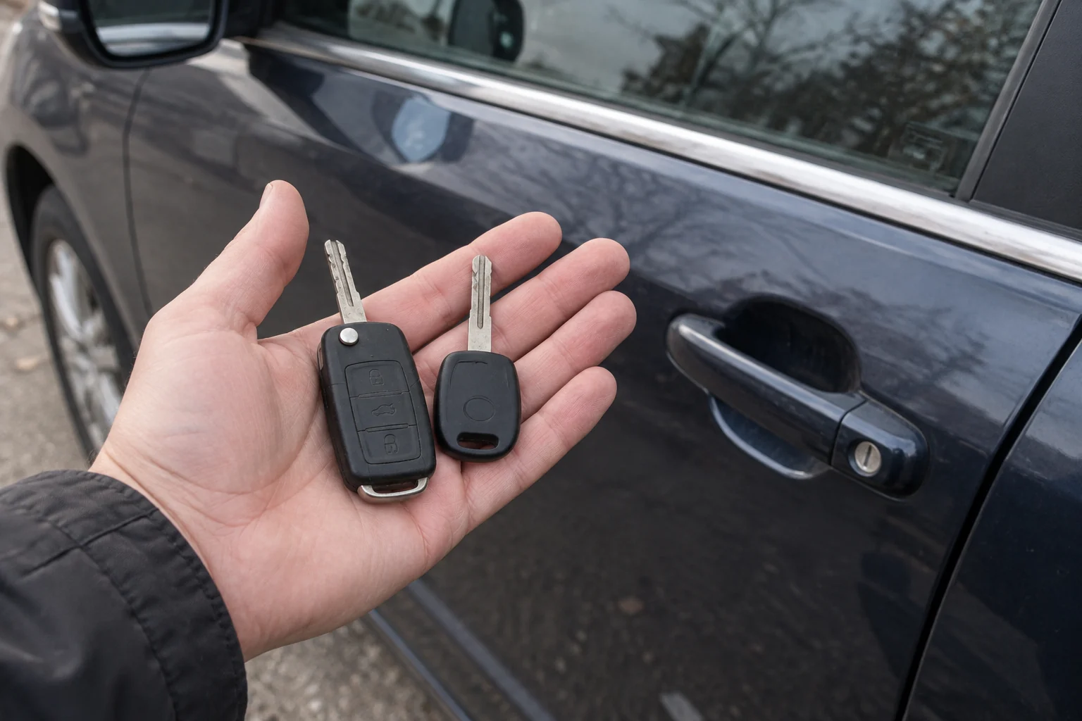Delne laikomi du automobilio raktai prie pastatyto automobilio durelių.