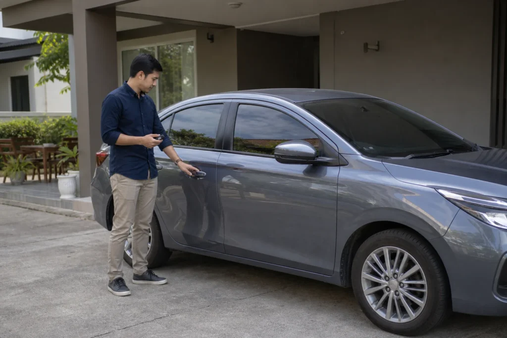 Automobilio savininkas šalia užrakinto automobilio tikrina pultelį.