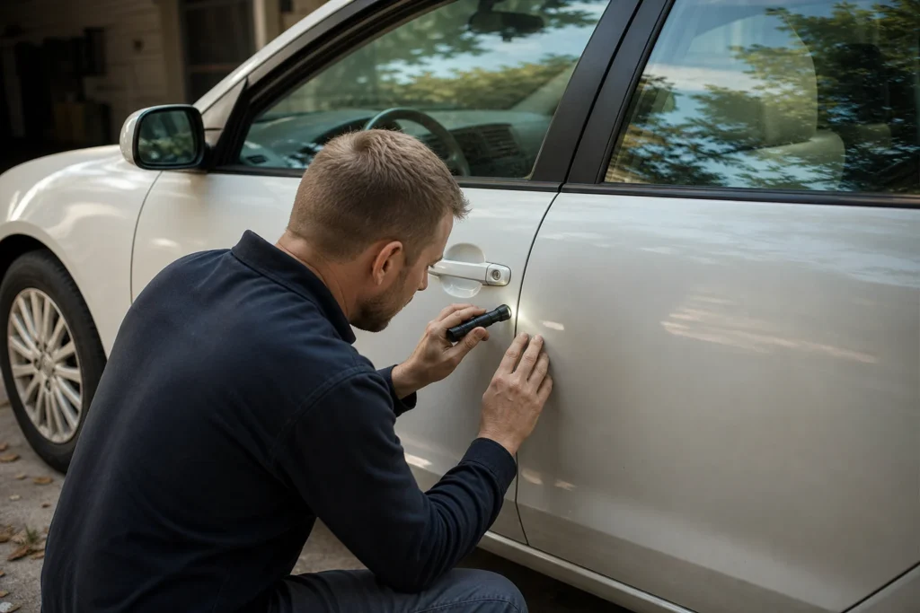Žmogus apžiūri nulūžusį automobilio raktą šalia automobilio durų.