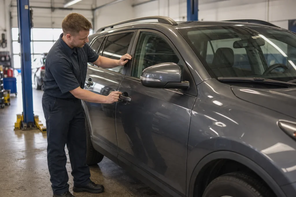 Vairuotojas prie automobilio apžiūri uždarytas duris ir laiko automobilio raktelį.