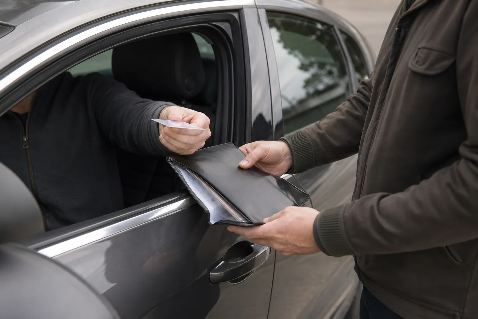 Prie automobilio naudotojas pateikia tapatybės kortelę ir dokumentų aplanką teisės naudotis patikrai.