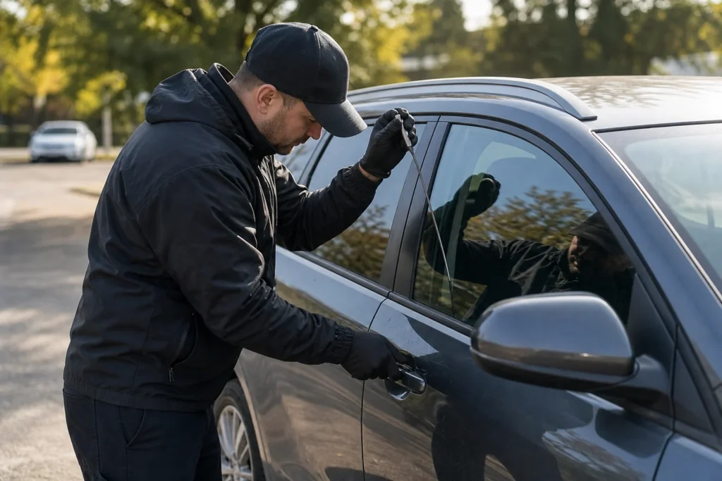Vairuotojas prie užrakinto automobilio tikrina nuotolinį raktą.