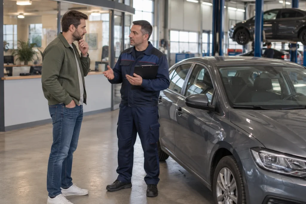 Klientas ir autoserviso darbuotojas kalbasi šalia uždaryto automobilio.