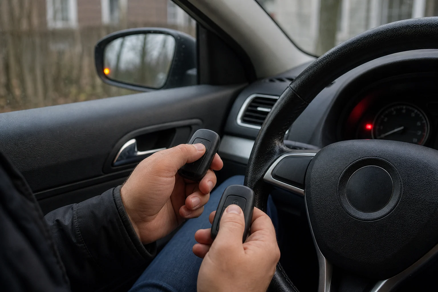 Automobilio salone žmogus tikrina pultelio mygtuką ir automobilio elektros įrangos reakciją.