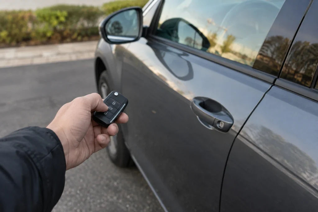 Ranka laiko automobilio pultelį šalia uždarytų durelių.
