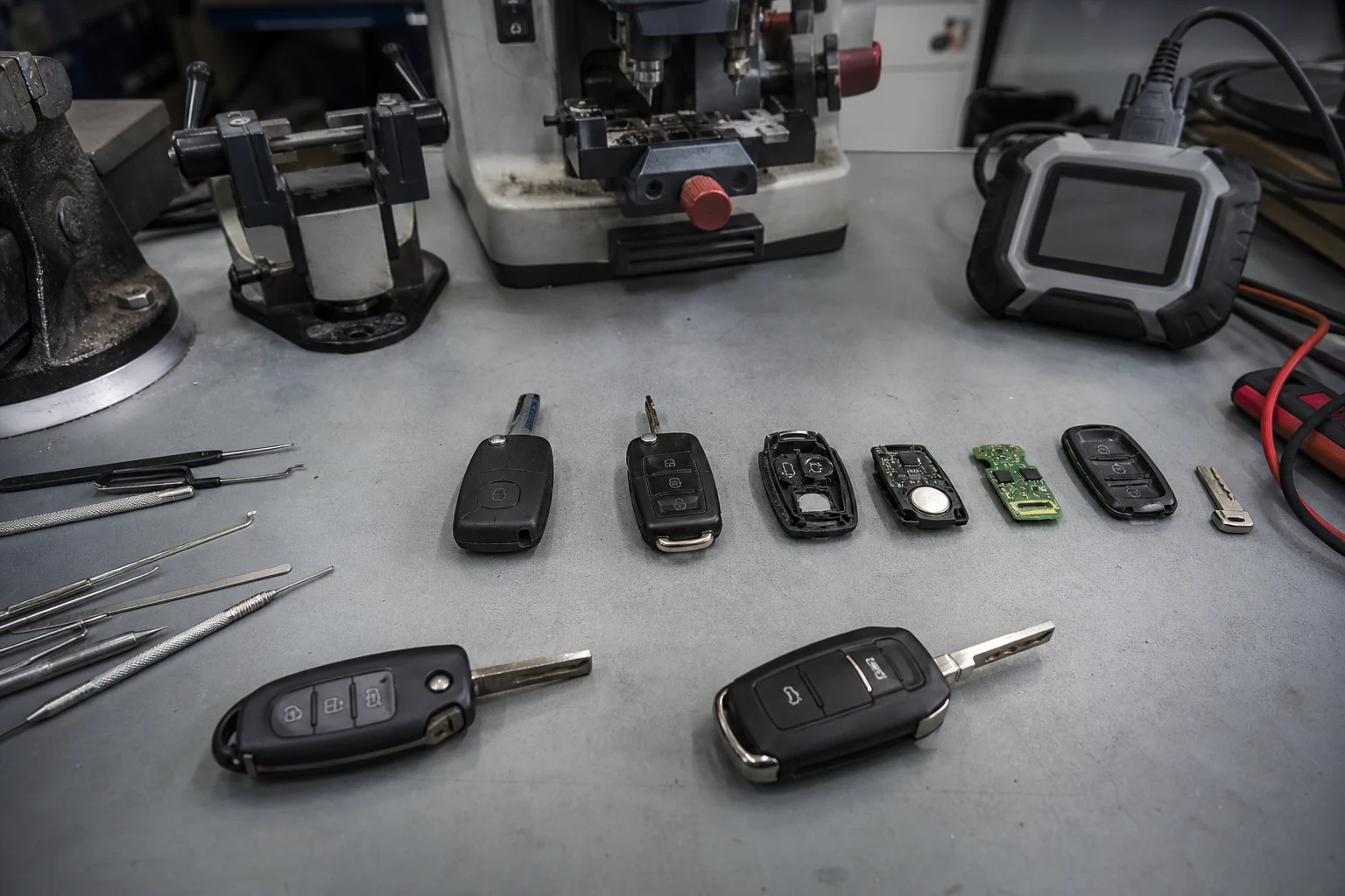 Schema palygina automobilio atidarymą, rakto gamybą, remontą ir programavimą.