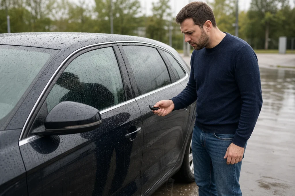 Vairuotojas prie šlapio automobilio tikrina rakto pultelį, tačiau uždarytos durys nereaguoja.