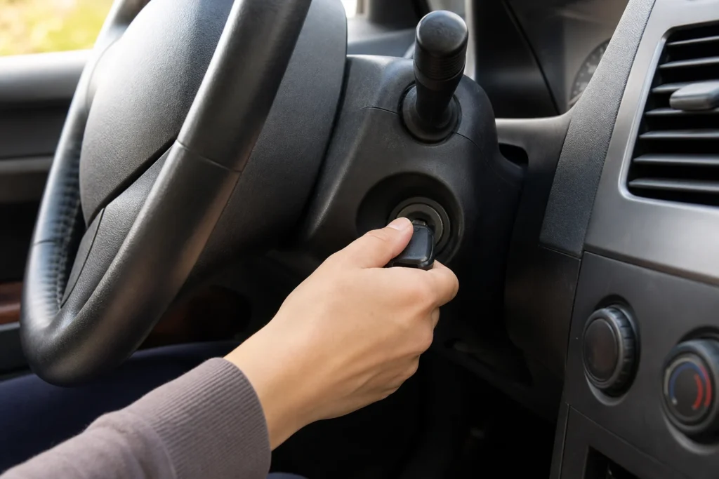 Vairuotojo ranka atsargiai tikrina užvedimo spynelėje įstrigusį automobilio raktą.