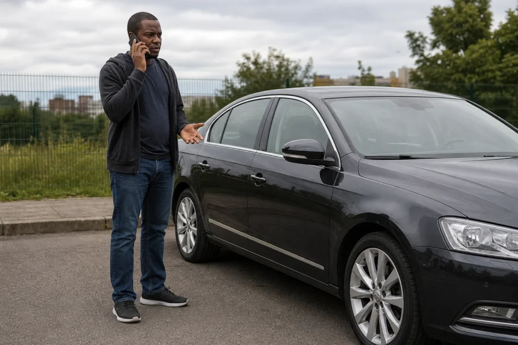 Žmogus prie užrakinto automobilio telefonu derina jo atidarymą.