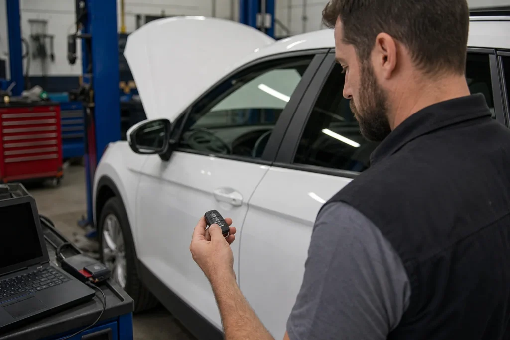 Žmogus prie užrakinto automobilio apžiūri automobilio raktelio pultelį.