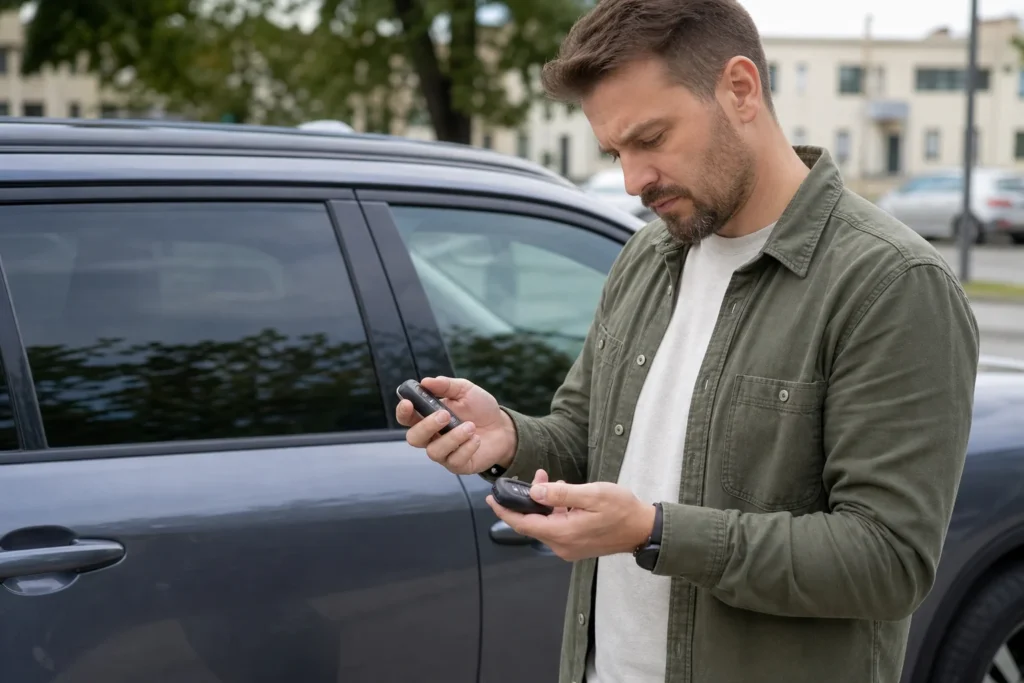 Žmogus prie užrakinto automobilio laiko ir tikrina du automobilio pultelius.