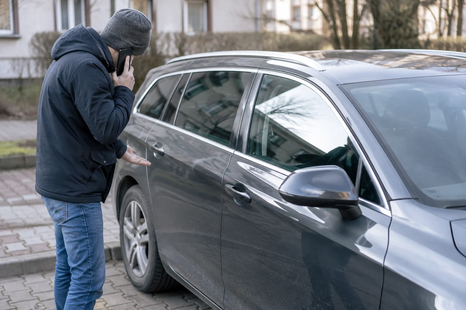 Žmogus kalba telefonu šalia pastatyto automobilio ir apžiūri jį.