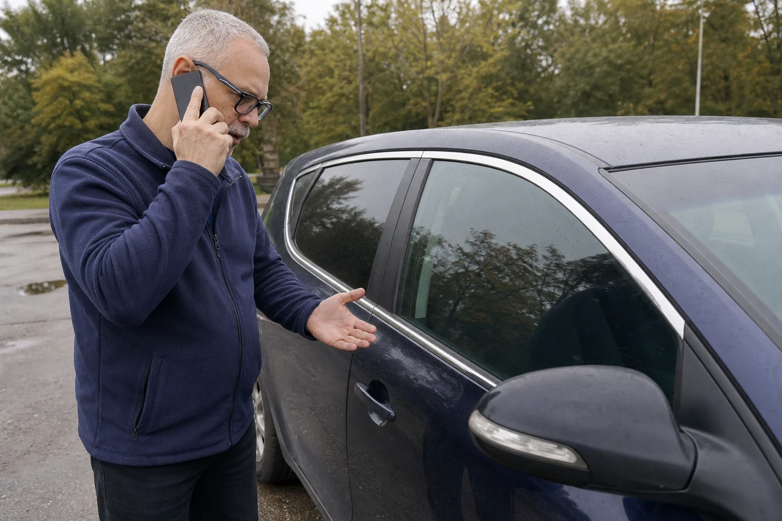 Žmogus prie automobilio telefonu perduoda specialistui informaciją apie situaciją.