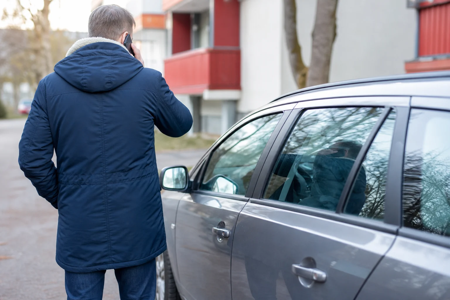 Žmogus atsitraukęs nuo užrakinto automobilio kviečia profesionalią pagalbą.