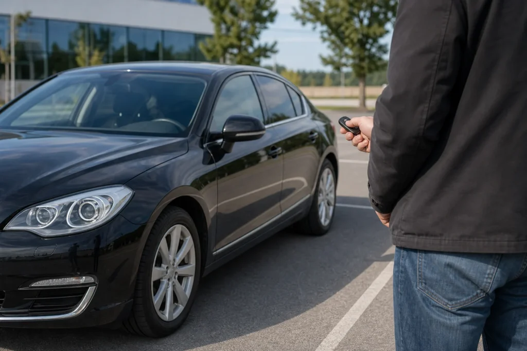 Vairuotojas šalia užrakinto automobilio tikrina automobilių nuotolinio valdymo pultelį.